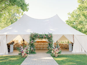 Notre Dame wedding weekend with a tent on the library lawn, Monique Lhuillier dresses and a stadium afterparty photographed by Mary Dougherty